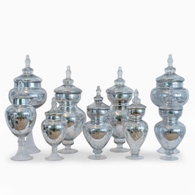 Nine Mercury Glass Covered Urns