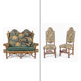 William & Mary Style Tapestry-Upholstered Settee and Pair of Similar Side Chairs