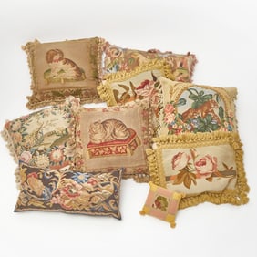 Group of Eight Needlework and Tapestry Throw Pillows