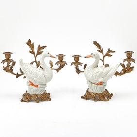 Pair of Chinese Gilt-Metal Mounted Porcelain Swans