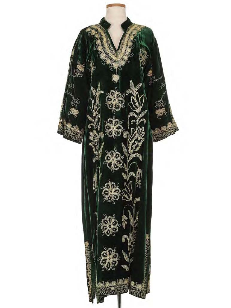 Forest Green Bindali-Style Velvet Caftan Together with a blue Sherwani.: 19th/20th century The band collar above a v-neck with gold and silver floral embroidery, with long sleeves and side hem slits (size 2); Together with a Lapis Blue cotton Sherwani (no size).
