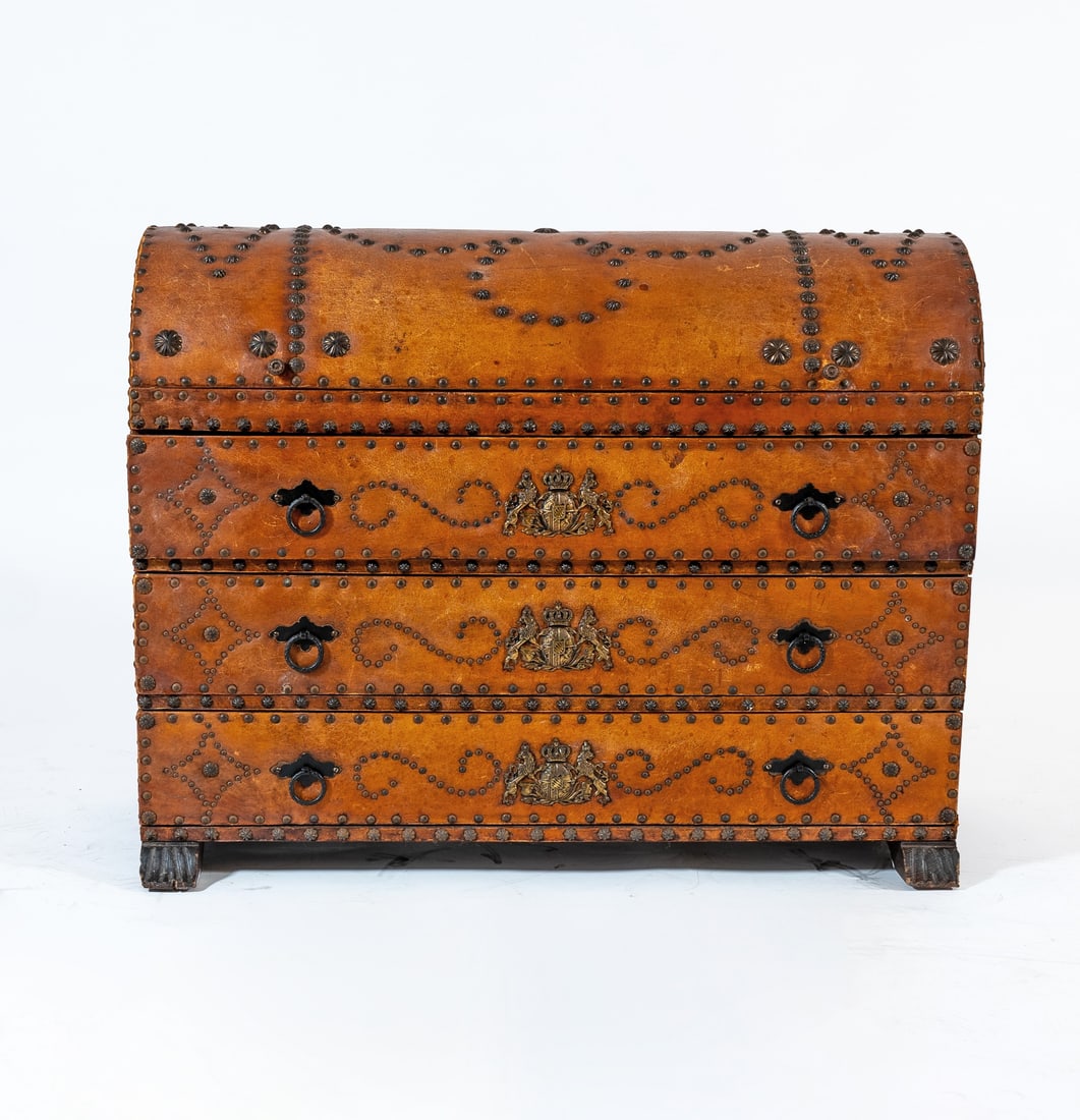 Continental Nail-Studded Leather Chest of Drawers (1 of 6)