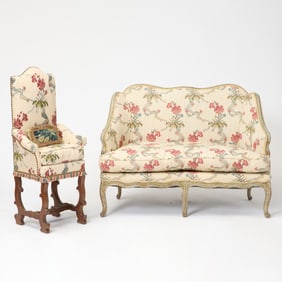 Louis XV Style Diminutive Painted Settee Together with a similarly upholstered side chair.