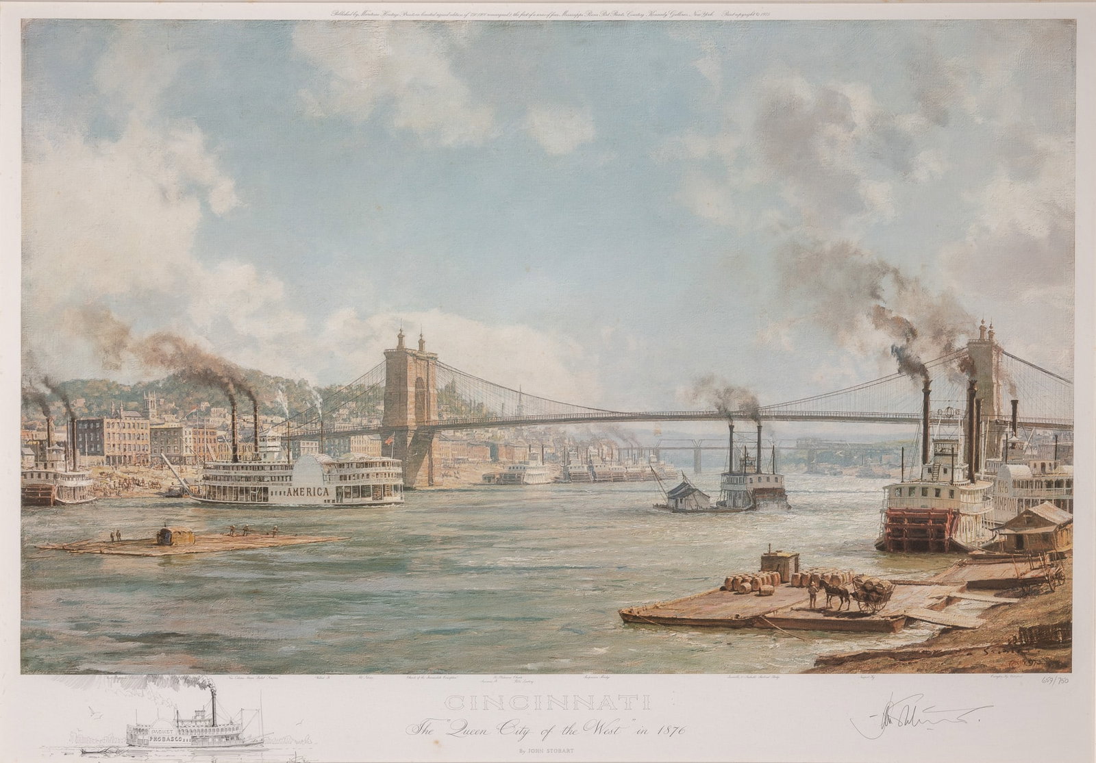 John Stobart (1929-2023): CINCINNATI (THE "QUEEN CITY OF THE WEST" IN 1876)Color offset lithograph, 1975, signed and numbered 659/750 in pencil, published by Maritime Heritage Prints, Inc., framed.Image 19 5/8 x 31 3/4 inches;