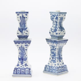 Pair of Chinese Blue and White Porcelain Candlesticks 19th Century