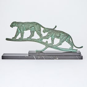 Italian Art Deco Green Patinated Bronze Group of Two Panthers