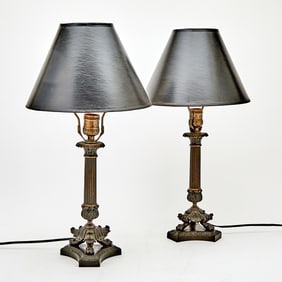 Pair of Restauration Style Patinated Metal Candlesticks Mounted as Lamps