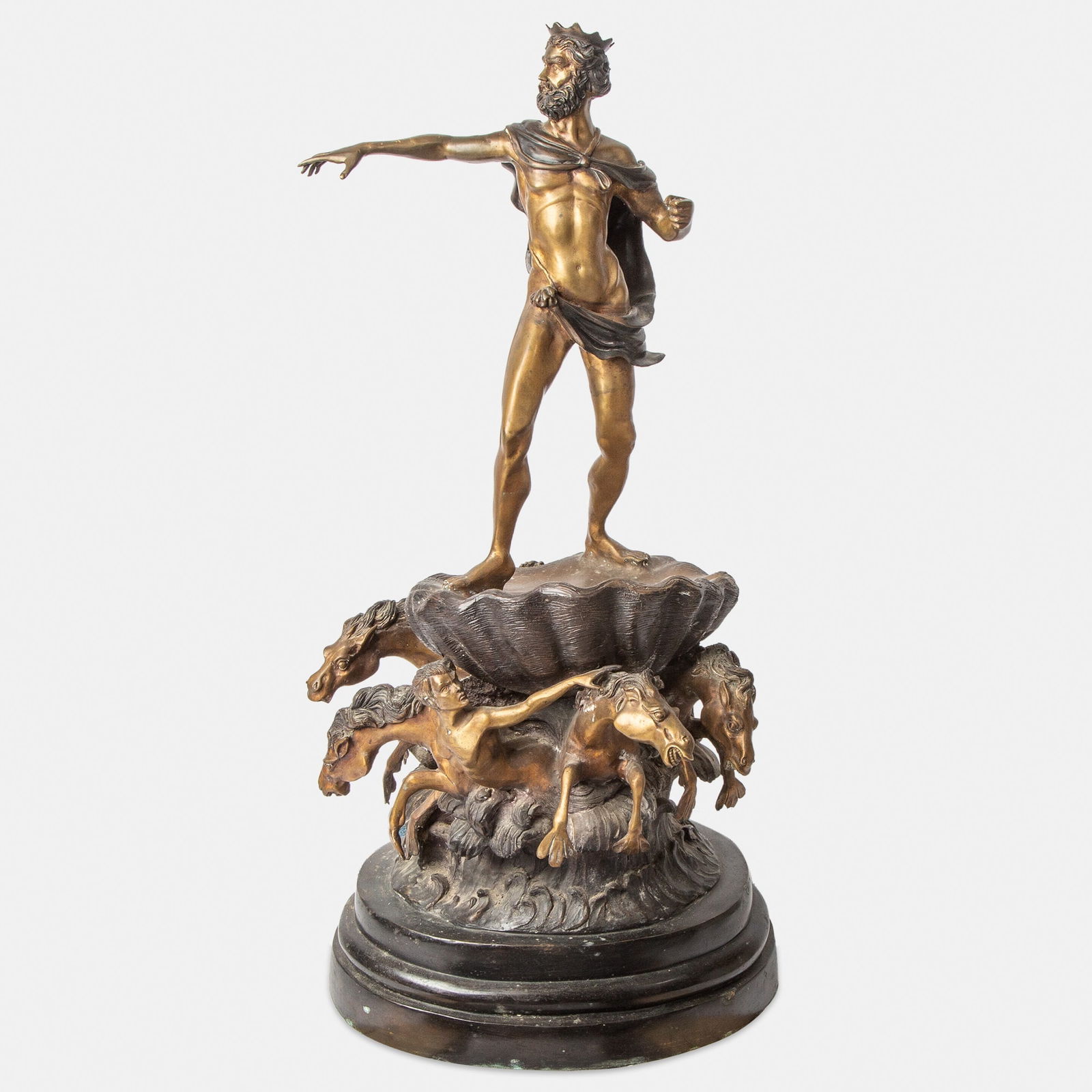 Continental Gilt and Patinated Bronze Group of Neptune: The mythological bearded god modeled in the nude except for a billowing cloak and a crown upon his head, standing atop a shell supported by four hippocamps, dolphin, and two mermen, continuing to an i