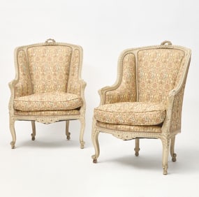 Pair of Louis XV Style Upholstered Painted Wood Bergeres