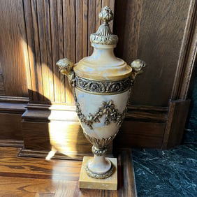 Pair of Louis XVI Style Gilt Metal Mounted Marble Urns