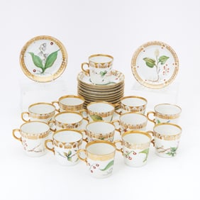Fourteen Royal Copenhagen Flora Danica Style Floral Decorated Porcelain Demitasse Cups and Saucers
