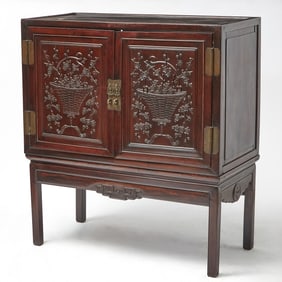 Chinese Carved Hardwood Cabinet on Stand
