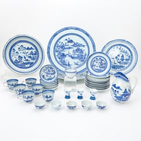 Group of Chinese Canton Blue and White Porcelain Table Articles