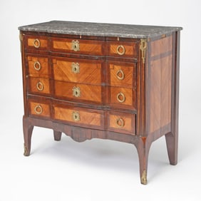 Louis XV / XVI Transitional Style Marble Top Inlaid Kingwood Commode