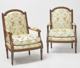 Pair of Louis XVI Style Upholstered Stained Beechwood Fauteuils