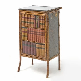 Victorian Bamboo, Lacquer, and Faux Book Binding Small Cabinet
