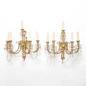 Pair of Louis XVI Style Gilt Bronze and Glass Five-Light Sconces