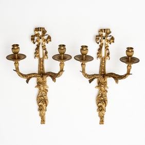 Pair of Louis XVI Style Gilt-Bronze Two-Light Wall Sconces