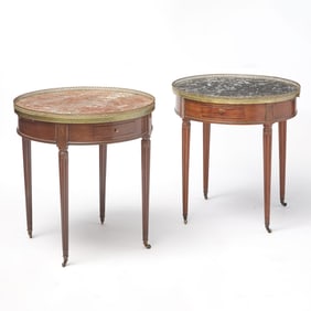 Pair of Louis XVI Style Marble Top Mahogany Bouillotte Tables