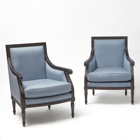 Pair of Regency Style Upholstered Stained Wood Armchairs
