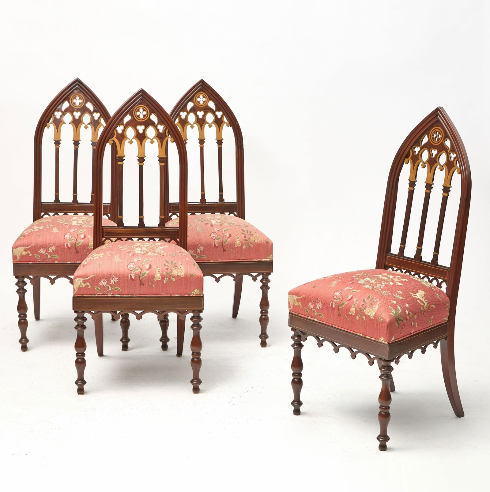 Set of Four French Gothic Revival Inlaid Mahogany and Painted Side Chairs (1 of 4)