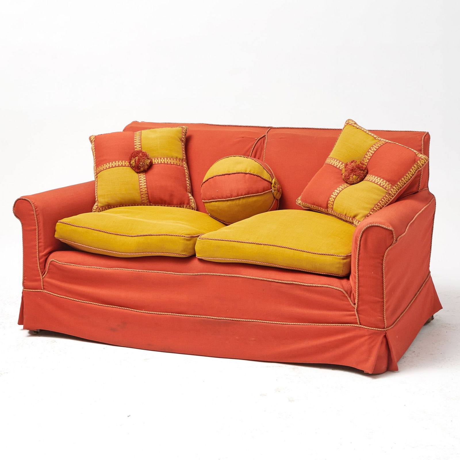 Two-Cushion Loveseat with Throw Pillows: Height 31 1/2 inches, width 64 1/2 inches, depth of seat 22 inches.
