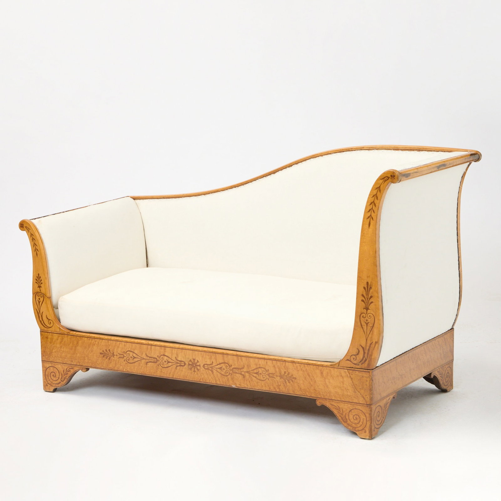 Charles X Upholstered Inlaid Birchwood Recamier: Height 34 inches, width 58 inches, depth 26 1/2 inches. needs to be reupholstered; cracking; generally good condition