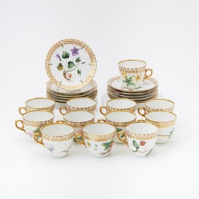 Set of Twelve Royal Copenhagen Flora Danica Style Floral Decorated Porcelain Coffee Cups and Saucers