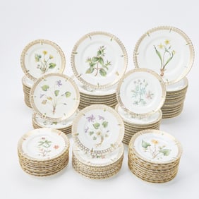 Group of Royal Copenhagen Flora Danica Style Floral Decorated Porcelain Plates