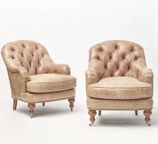 Pair of Leather Upholstered Stained Wood Club Chairs