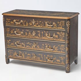 Baker Black Lacquer and Gilt Chinoiserie Decorated Chest of Drawers