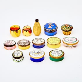 Group of Twelve Bilston, Battersea and Staffordshire Enamel Snuff and Patch Boxes