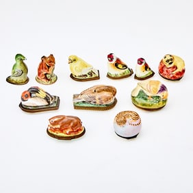 Group of English Enamel Bird and Animal Form Snuff and Patch Boxes
