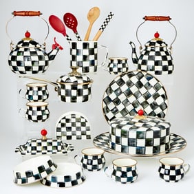 Group of MacKenzie-Childs Enameled Metal "Courtly Check" Pattern Table Articles