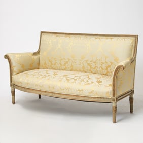 Louis XVI Upholstered Painted and Parcel Giltwood Settee