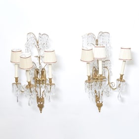 Pair of Neoclassical Bronze and Glass Three-Light Sconces