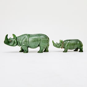 Two Carved Nephrite Models of Rhinoceroses