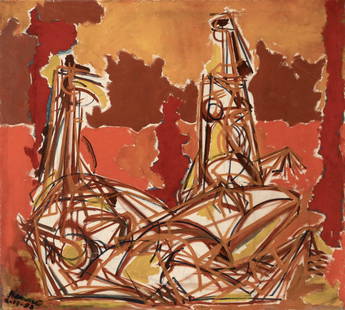 Nanno de Groot: Dutch/American, 1913-1963Hot Afternoon in HellSigned Nanno and dated indistinctly (ll)Oil on canvas36 x 40 inches (91.4 x 101.6 cm)Unframed There is a 3