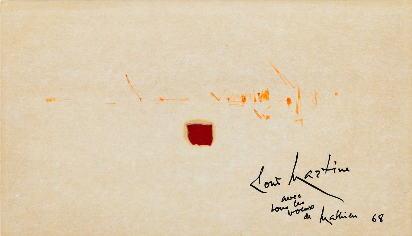 Georges Mathieu: French, 1921-2012Untitled, 1968Signed and dated Pour Martine / avec tous les voeux de / Mathieu 68 (lr)Ink and collage on paper8 1/4 x 14 1/4 inches (21 x 36.2 cm)Unframed </