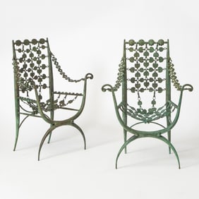 Pair of Armand Rateau Style Patinated Bronze Armchairs