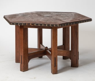 Gustav Stickley Oak, Leather and Brass "Model 624" Hexagonal Library Table