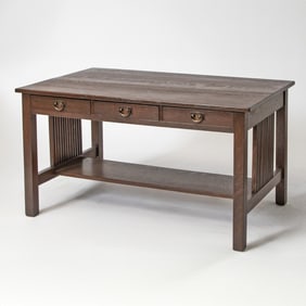 Gustav Stickley Oak "Model 659" Three-Drawer Spindled Library Table