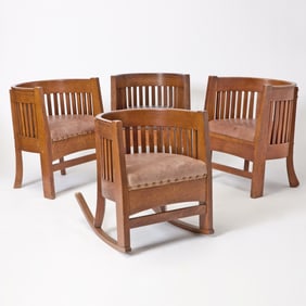 Four Plail Brothers Arts & Crafts Oak Barrel Back Chairs