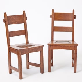 Pair of Gustav Stickley Oak and Leather “Model 1291 Rabbit Ear?? Side Chairs