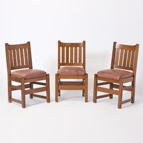 Three L. & J.G. Stickley Upholstered Oak "V-Back" Side Chairs