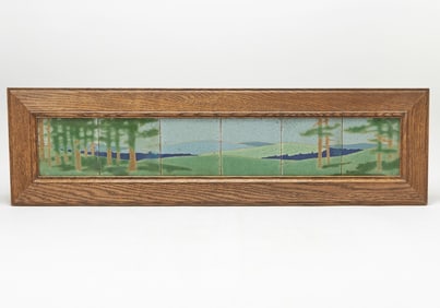 Set of Six Grueby Faience Co. Arts & Crafts Scenic Faience Tiles Entitled "The Pines"
