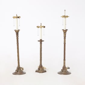 Pair of Oscar Bach for Segar Studios Patinated Metal Candlestick Lamps