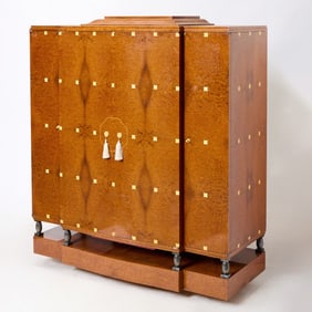 Frank Pollaro Art Deco Style Burlwood and Silvered Metal Cabinet