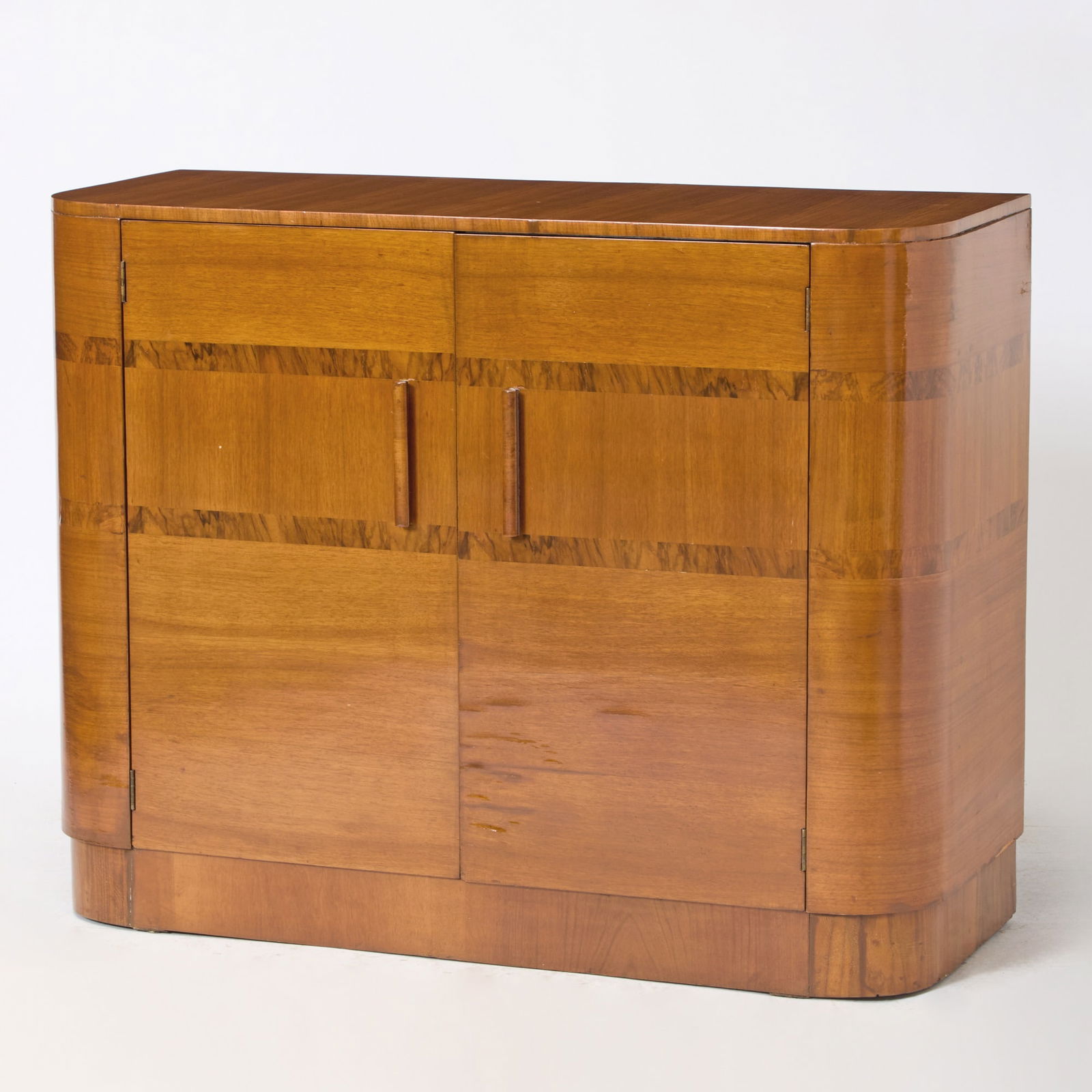 Art Moderne Inlaid Fruitwood Bar Cabinet: 1940s The two doors opening to drawers and shelves. Height 37 1/4 inches, width 47 inches, depth 19 inches.