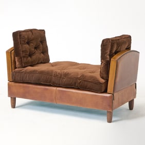 Oak and Leather Upholstered Reclining Daybed